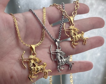 Large Sagittarius Pendant Necklace, Gold or Silver/Stainless Steel w/ chain options charm only Unisex Mens Archer Zodiac Astrology Horoscope