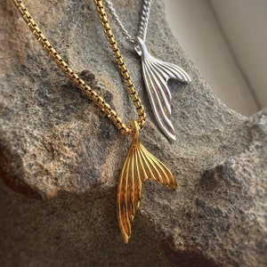 Mermaid Tail in Gold or Silver Pendant Necklace on custom length Venetian or Curb chain, or charm only available too. Whale tale