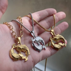 Large Pisces Pendant Necklace in Gold or Silver/Stainless Steel w/ chain options or charm only Unisex Mens Zodiac Astrology Horoscope 2 Fish