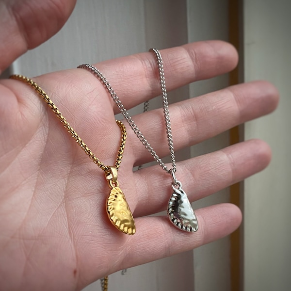 Gold or Silver Dumpling Pierogi Gyoza Pizza Pocket Pastry Pendant Necklace on custom length chains, or charm only Dim Sum Beef Patty