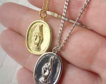 Crossed Fingers Pendant Necklace – Available in Gold or Rhodium electroplate, or Charm Only – Custom Chain Lengths, Good Luck Symbol