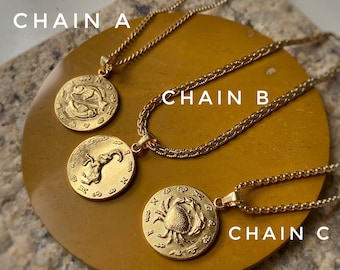 Large Vintage Astrology Zodiac Horoscope Figurative Coin Style Gold Pendant ~ Chain Options + Custom Length Leo Aries Taurus Pisces Virgo