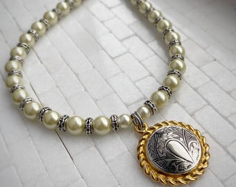 Pearl Necklace w/ two tone medallion and silver tone detailing - custom length, art nouveau, tudor, medieval, elizabethan, Edwardian pendant