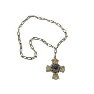 Chain of Office / Livery Collar Cross Necklace - silver/light gold cross with blue stones, lapis lazuli, medieval, renaissance, pope, church