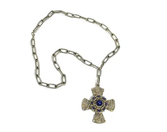 Chain of Office / Livery Collar Cross Necklace - silver/light gold cross with blue stones, lapis lazuli, medieval, renaissance, pope, church
