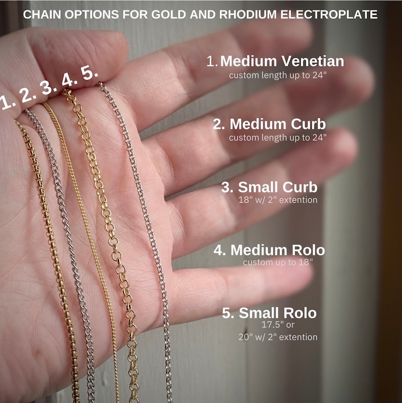 Pu&ograve; includere: Cinque diversi stili di catena per gioielli, tra cui veneziana, curb, rolo e due dimensioni di curb. Le catene sono mostrate in placcatura oro e rodio. Le lunghezze delle catene sono elencate in pollici.