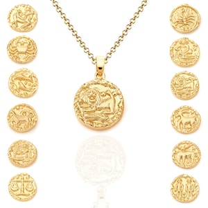 Gold Plated Zodiac Pendant Necklace Astrology Sign Horoscope Charm Medallion on 17.4&quot; Rolo Chain Medieval Vintage Vibes*