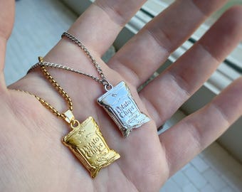 Potato Chips Gold or Silver Pendant Necklace on custom length chains, or charm only - little treat, snack lover, foodie gift, bag of chips