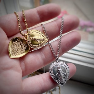 The Lords Prayer Heart Locket Pendant Necklace with Mary - Long lasting Gold or Rhodium Plating on custom length curb chain, Venetian chain