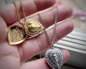 Lords Prayer Heart Locket Pendant Necklace With Mary - Long