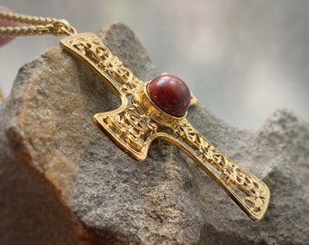 Large Gold Fillagree Style Cross W/ Red Stone, With or