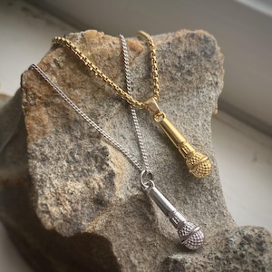 Microphone Pendant or Necklace in Gold or Rhodium Plated, with Chain Options or Charm only, Unisex, comes in velvet gift bag.