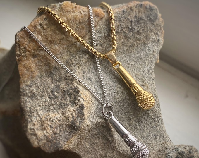 Microphone Pendant or Necklace in Gold or Rhodium Plated, with Chain Options or Charm only, Unisex, comes in velvet gift bag.
