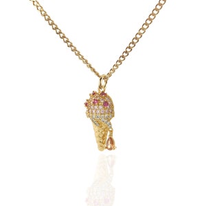 Ice Cream Cone Pave Pendant on 17.5” Curb Chain ~ Iced Out Gift ~ comes in lovely velvet draw string gift bag.