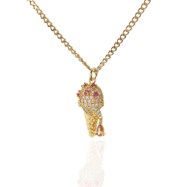 Ice Cream Cone Pave Pendentif sur 17.5 « Curb Chain ~ Iced Out Gift ~ est livré dans un joli sac cadeau en velours.