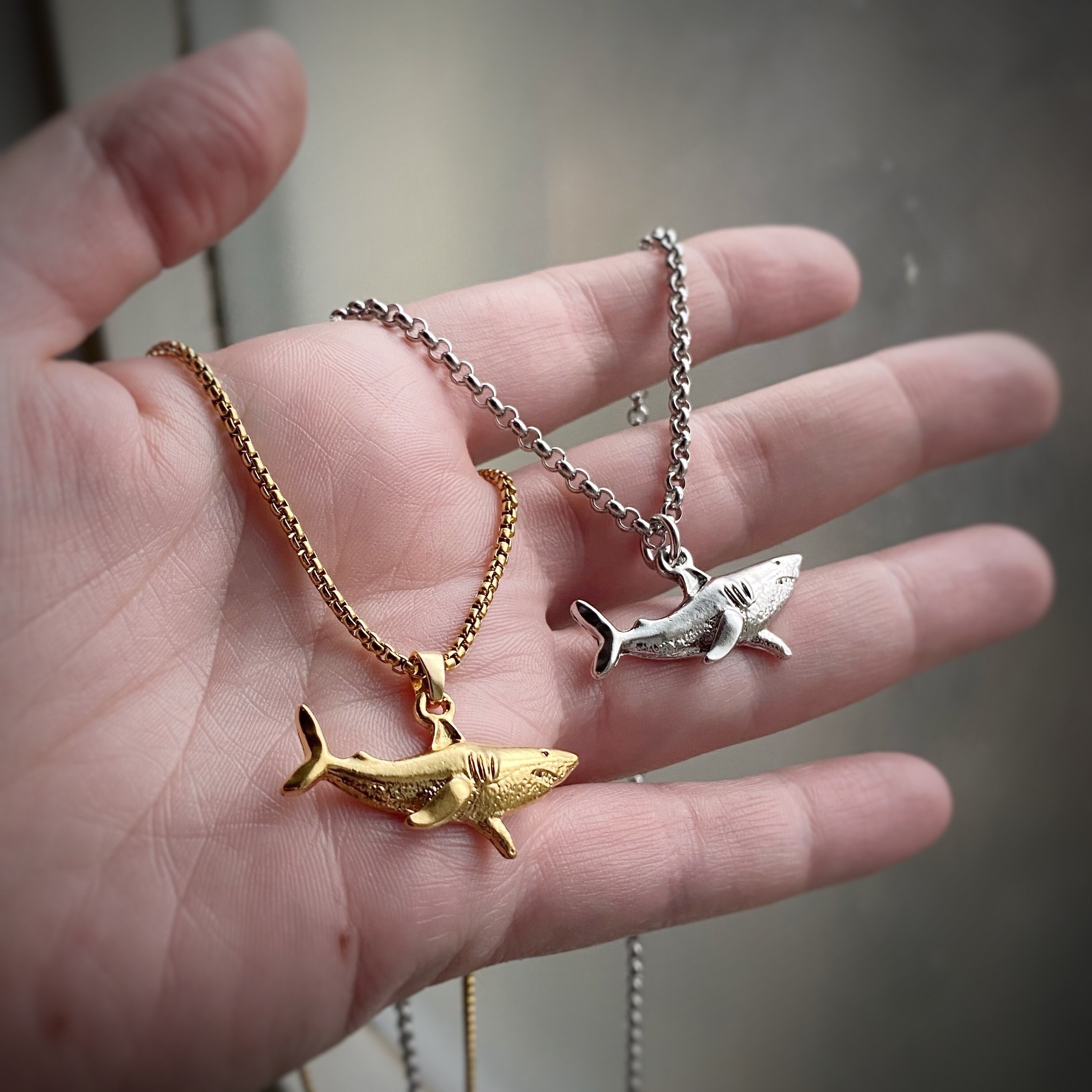 Gold or Silver Shark Pendant Necklace on custom length Venetian Curb or Rolo chain or charm only available too. Great White Shark Ocean