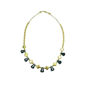 Medieval Green and Gold Strand Necklace with Blob Cross and Green Crystal Details - Inspired by Medieval Europe