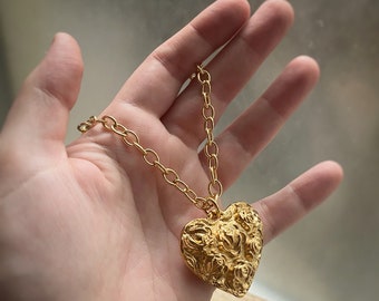 Gold Plated Large Heart w/ Roses Pendant on long lasting Chain (options) - custom length available ~ Statement Vintage Vibes