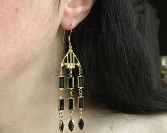 Art Deco Crystal Chandelier Earrings - Colour Design options, customizable - black, pink, yellow, blue, amber, rainbow, brass, gold, silver