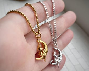 Lady Riding The Moon Charm or Necklace in Gold Plated or Solid Silver, Custom Chain Options and Pendant only.