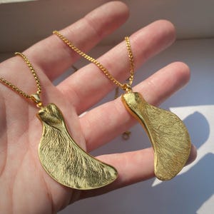 Helicopter Seed Charm Pendant Necklace w/ long lasting gold plating, Choose Chain + Length or pendant only. Maple Sycamore winged samaras