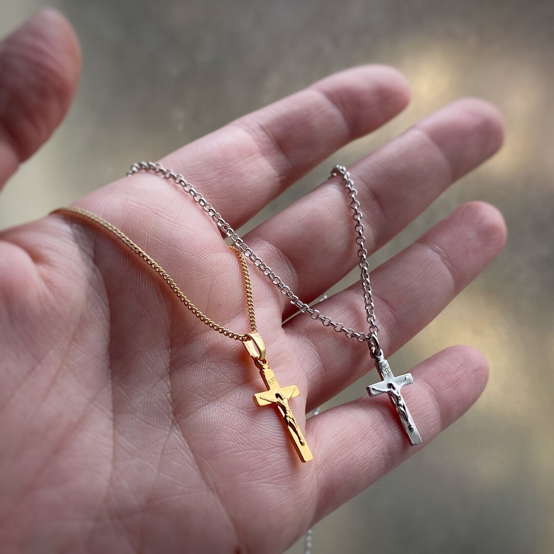 INRI Crucifix Necklace in Gold or Rhodium Plated Small W/ Chain Options ...