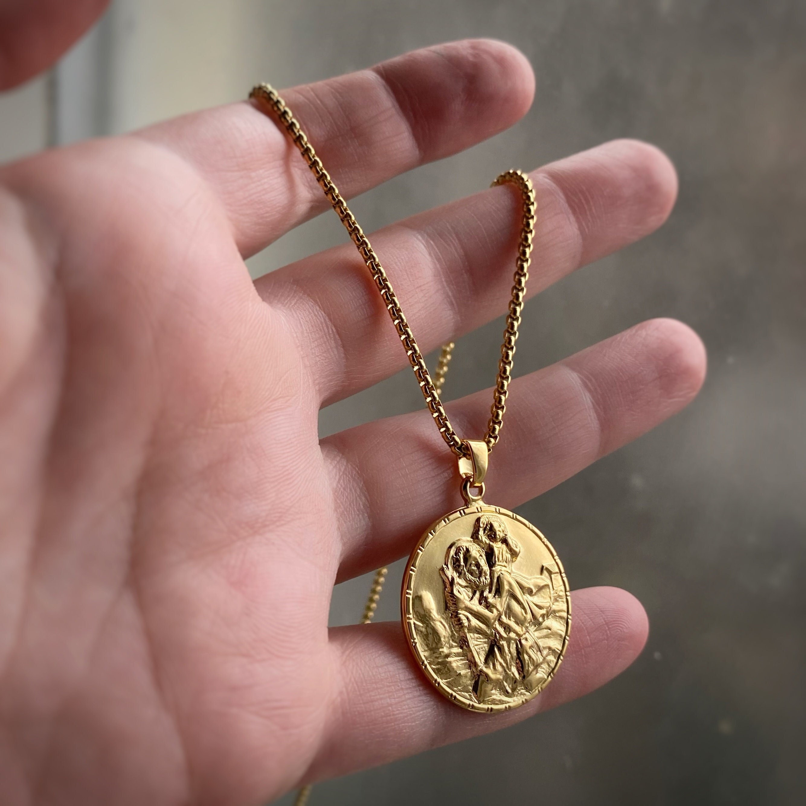 Gold or Rhodium St. Christopher Protect Us Medallion, Chain