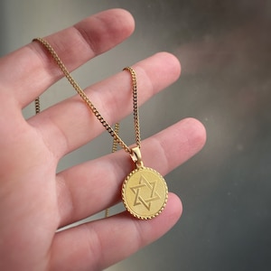 Gold Plated Judaism Star of David Coin Medallion Symbol Pendant ~ Charm only or on long lasting custom length curb chain ~ Jewish Necklace