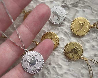 Zodiac Coin Pendant Necklace in Gold or Rhodium Plated, with Chain Options or Charm ONLY, Unisex, comes in velvet gift bag. Astrology