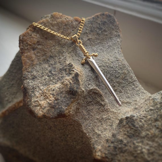 Two Tone Dagger / Sword Pendant or Necklace in Gold or Rhodium w/ Chain Options or Charm only, Unisex, comes in velvet bag. Very Book Club.