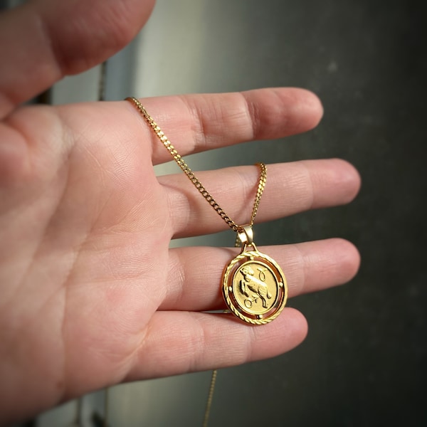 Custom length - Chain Options - All Signs ~ Coin Zodiac Pendant Necklace in 22k Gold Astrology Vintage Horoscope Mens Masculine Unisex