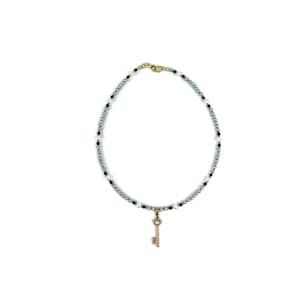 Medieval Pearl Necklace w/ Gold Key Pendant, Black Onyx and Grey Green Pearls, Renaissance, Reign, religious, eastern European