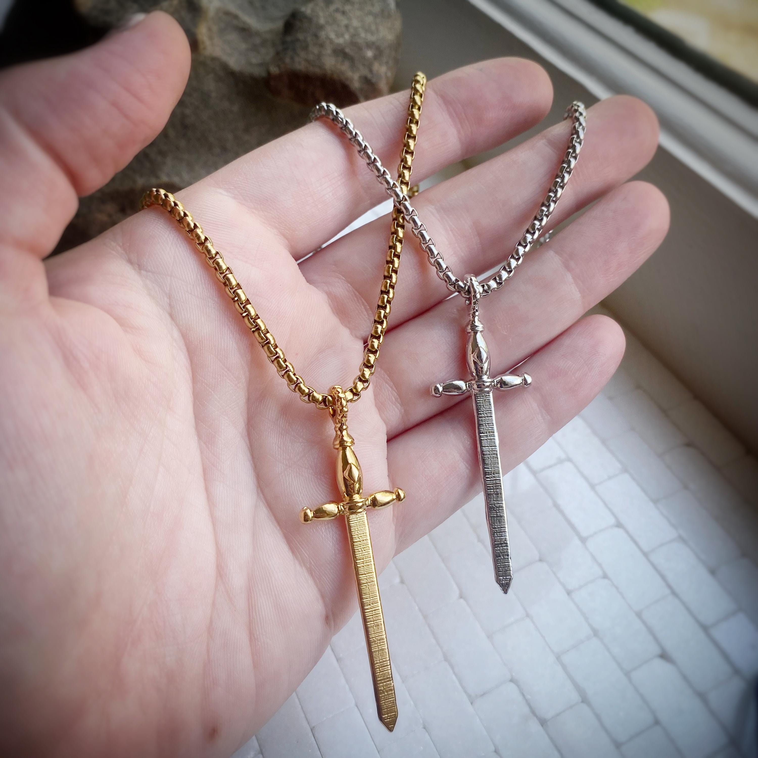 Large Sword Necklace in Gold or Rhodium on Venetian Chain in