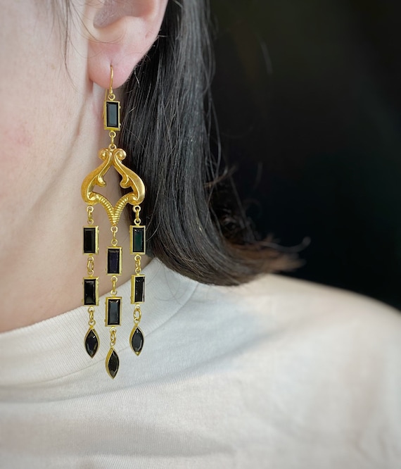 Art Deco Nouveau Gothic Meval Chandelier Earrings Art Deco Nouveau Gothic, Vintage Brass Chandelier Earrings Black