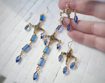 Chandelier Earrings in Art Deco Art Nouveau or Gothic Georgian Medieval, in gold plated brass + sapphire blue Czech glass DM to customize