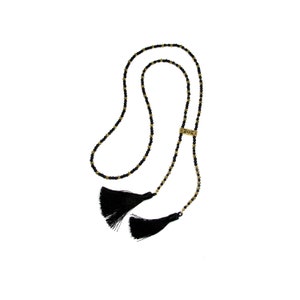 Black Tassel Necklace with Gold Floral Details  - Medieval, Tudor, Reign , 1920s, Flapper Inspired