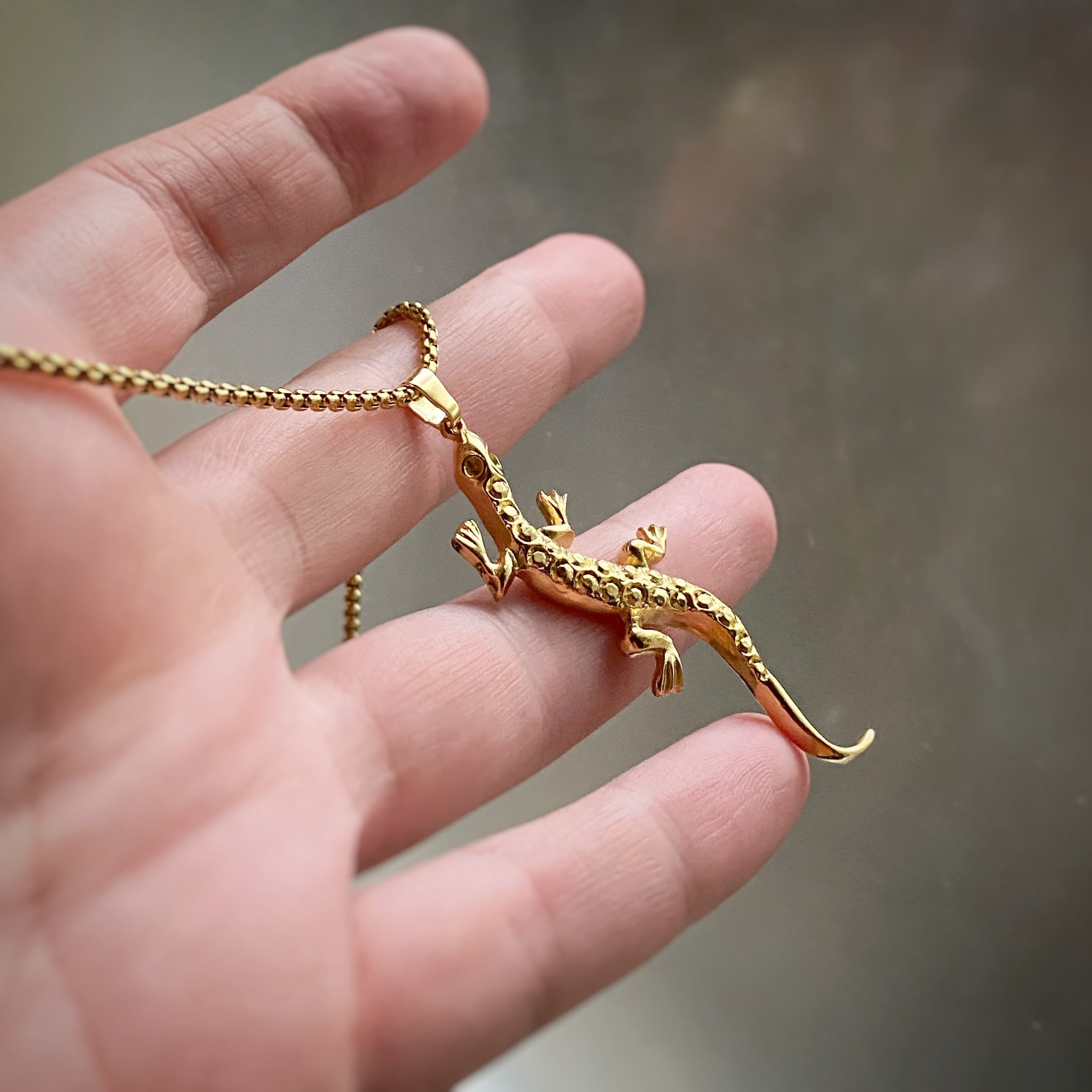 [SET] 18K Gold Plated Gecko Lizard クリスタルCZ ヤモリ トカゲ デザイン ゴールド ペンダントネックレス & ピアス & 14号指輪 セット