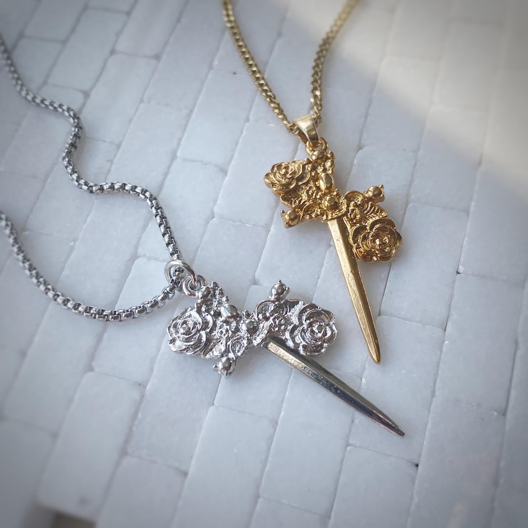 Sword With Flowers Roses Pendant Necklace Gold or Rhodium Plated W