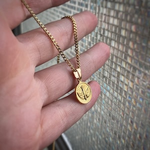 Unisex Gold pltd. dove medallion pendant necklace or charm only, gold comes with or without custom length curb chain, suitable men’s piece