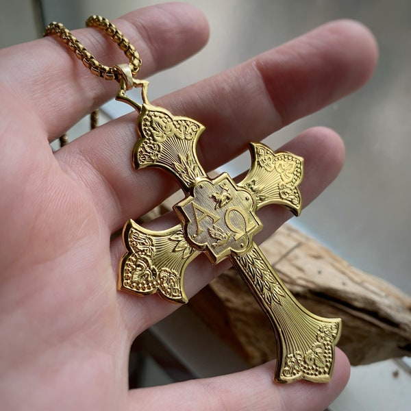 Large Ornate Gold Alpha and Omega Cross on Custom Chain w/ dove and lamb of God detail~ cast from a vintage mould - made in Canada + the US.