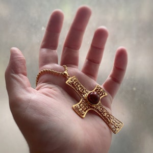 XL Gold Fillagree Style Cross w/ Red Stone, with or without Custom Length Chain - medieval vibes, bloodstone? Pewter base metal.