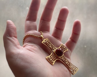 XL Gold Fillagree Style Cross w/ Red Stone, with or without Custom Length Chain - medieval vibes, bloodstone? Pewter base metal.