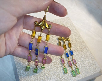 Art Deco Georgian Art Nouveau Gothic Medieval Chandelier Earrings in brass and Czech glass ~ rainbow, or sapphire blue, black, pink etc