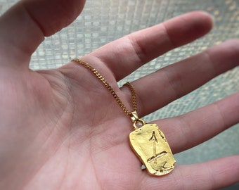 Large Gold Sagittarius Dog Tag Pendant with or without chain - Zodiac Astrology Horoscope Pendant, vintage style - 22k gold plating