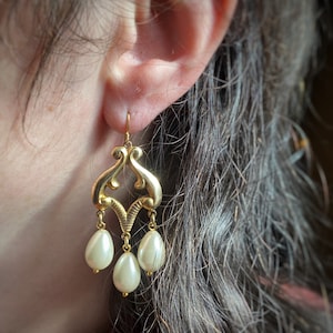 Chandelier Earrings Gold Tone w/ Pearls Art Deco Earrings / Art Nouveau Earrings / Gothic / Medieval  in vintage brass and tassel drops