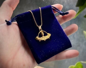 Alien Spaceship Believe Pendant Necklace w/ long lasting 18k gold plating, Choose Chain + Length - charm only or Venetian or Curb chain