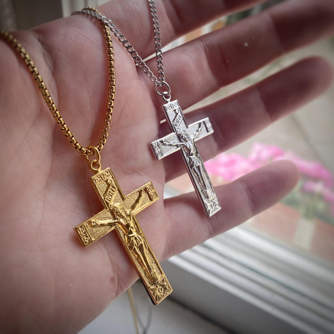 INRI Crucific Cross Pendant W/ Flower Motif - Long Lasting Gold or ...