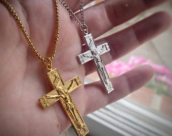 INRI Crucific cross Pendant w/ flower motif - Long lasting Gold or Rhodium Plating on custom length curb chain or Venetian chain,