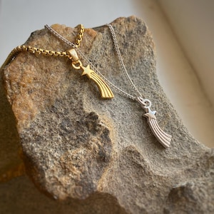 Collar colgante con dije de estrella fugaz en oro o rodio en cadena veneciana o de eslabones personalizada, solo dije, también cadenas más pequeñas.