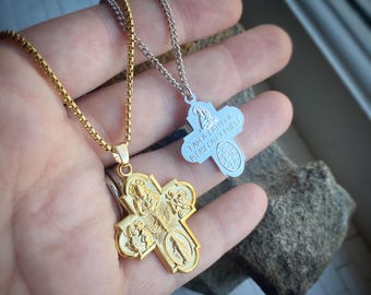 Médaille à quatre chemins croix avec sacré-coeur en argent ou collier en argent ou en or médaille miraculeuse Saint-Joseph et Saint-Christophe, chaîne personnalisée + sac en velours